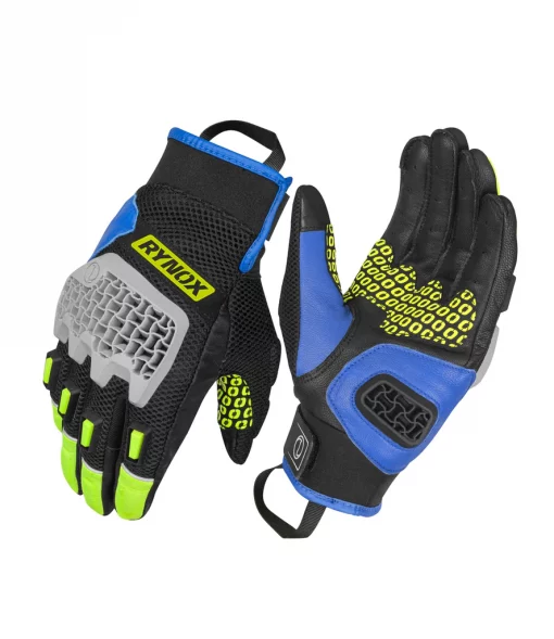 Rynox Gravel Dual Sport Hi Viz Green Blue Riding Gloves