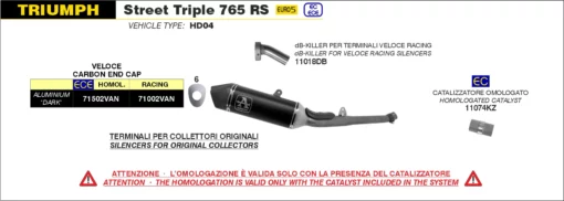 Arrow Catalytic Homologated Full System With Veloce Aluminium Dark Silencer For Triumph Street Triple 765 RS (2020 22) (71002van) 3