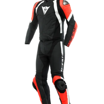 Dainese Avro 4 2Pc Leather Black Matt Fluo Red White Racing Suit 1